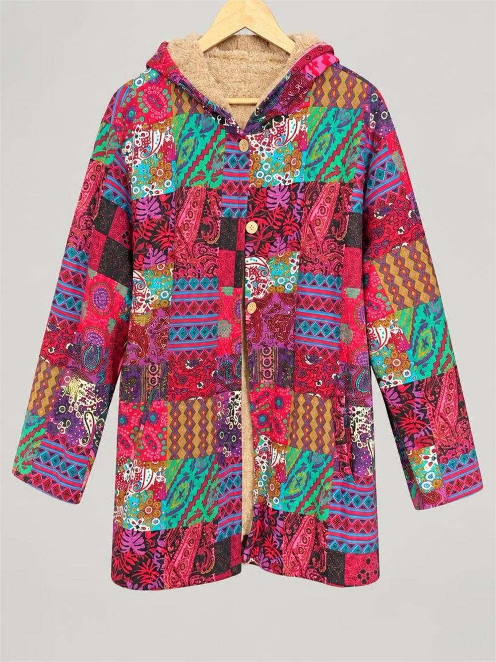 Bohemian Patchwork Hooded Coat - Multicolor 4XL